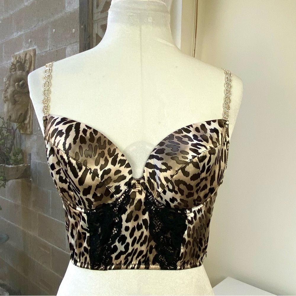 GUESS NWT Leopard Print Lace Rhinestone Strap Bustier Corset Giftable Bra Top, M - Picture 4 of 11